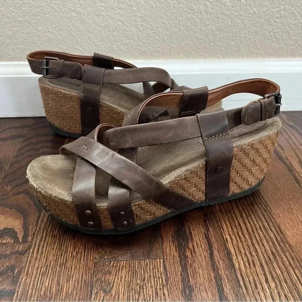 Bussola Formentera Wedge 3” Leather Sandal Brown Women’s Size 39 US Size 8.5-9